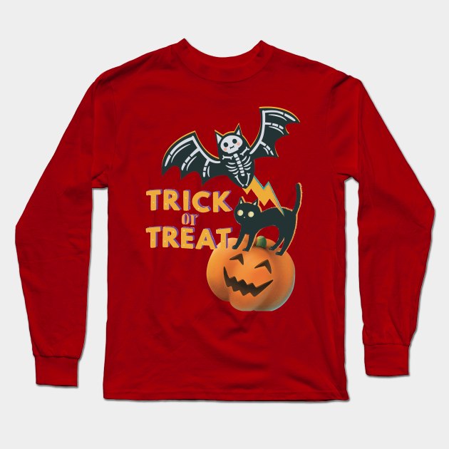 Trick Or Treat Bat And Cat Funny Long Sleeve T-Shirt by Persius Vagg